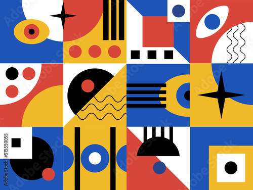  Bauhaus poster template with geometric colorful vivid eye pattern. Futuristic vector background. Abstract universal brochure in swiss retro minimal style. 