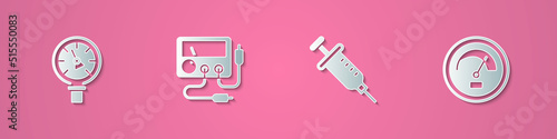 Set paper cut Pressure water meter, Multimeter, voltmeter, Syringe and Speedometer icon. Paper art style. Vector