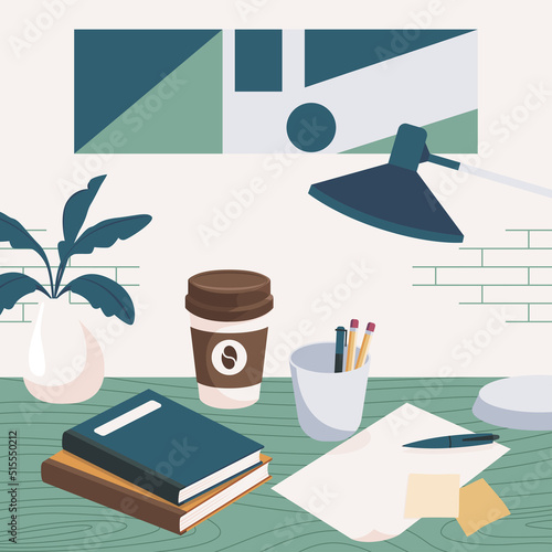 Office desk with ledger book, blank paper, pen, pencil, and coffee cup. Preparation to start work. Flat design vector illustration