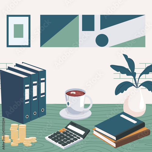 Office desk with ledger book, coin, calculator, file folder and tea cup. Preparation to start work. Flat design vector illustration