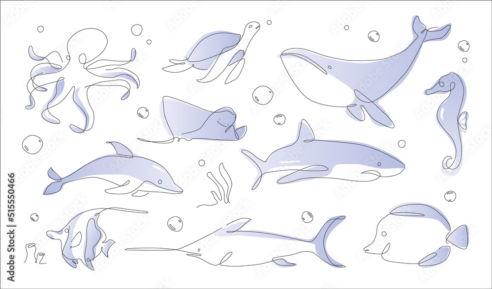 Fototapeta premium Underwater outline animals. Line art ocean and sea life collection. One line sea life set.