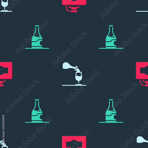Set Cardboard box of wine, Wine tasting, degustation and Bottle on seamless pattern. Vector
