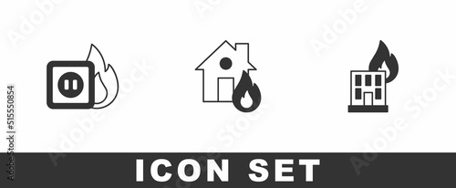 Set Electric wiring of socket in fire, Fire burning house and building icon. Vector