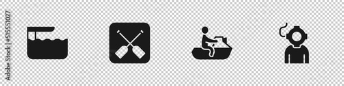 Set Diving board or springboard, Paddle, Jet ski and Aqualung icon. Vector