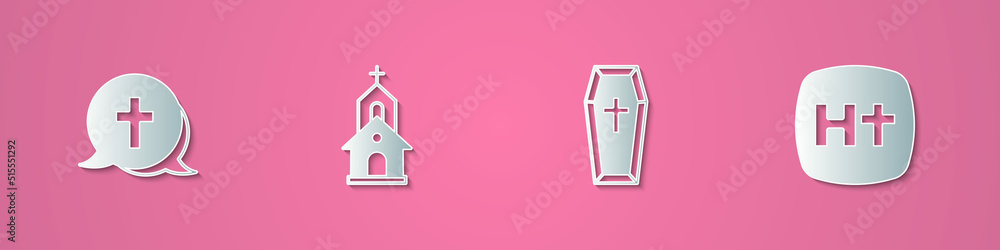 Set paper cut Christian cross, Church building, Coffin and icon. Paper art style. Vector Set paper cut Christian cross, Church building, Coffin and icon. Paper art style. Vector