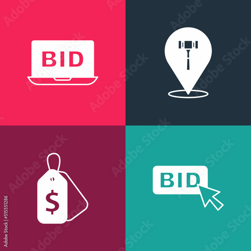Set pop art Bid, Price tag with Sale, Auction hammer and Online auction icon. Vector