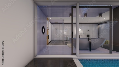 Swimming pool and wooden deck beside Master bathroom design door opened 3d illustration