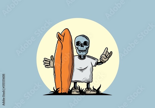 Little skull holding a surfing board illustration design