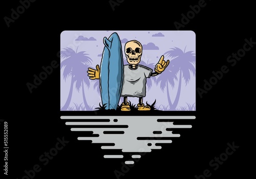 Photography Little skull holding a surfing board illustration design