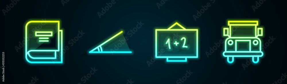 Set line Book, Acute angle, Chalkboard and School Bus. Glowing neon icon. Vector Set line Book, Acute angle, Chalkboard and School Bus. Glowing neon icon. Vector