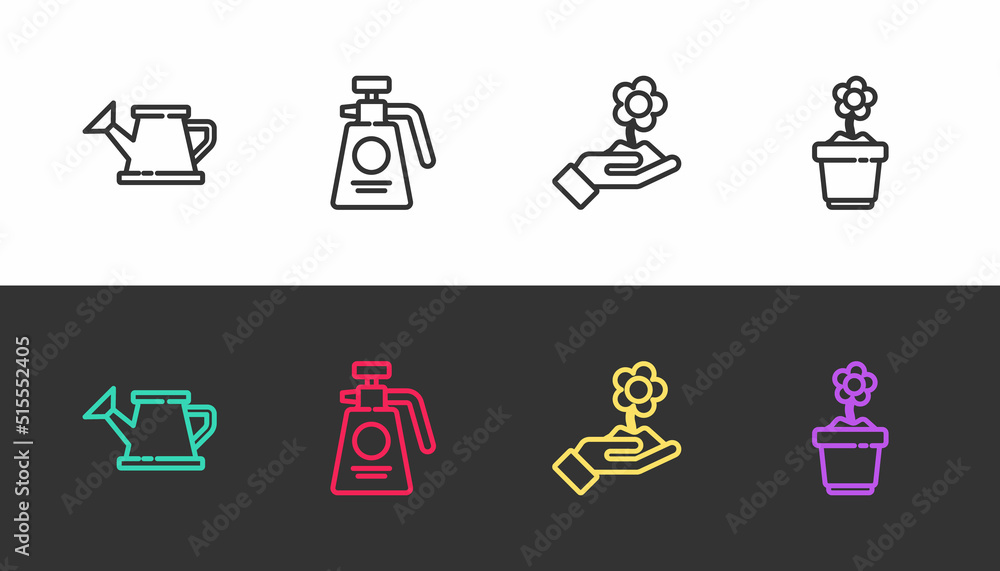 Set line Watering can, Garden sprayer for fertilizer, Hand holding flower and Flower pot on black and white. Vector Set line Watering can, Garden sprayer for fertilizer, Hand holding flower and Flower pot on black and white. Vector