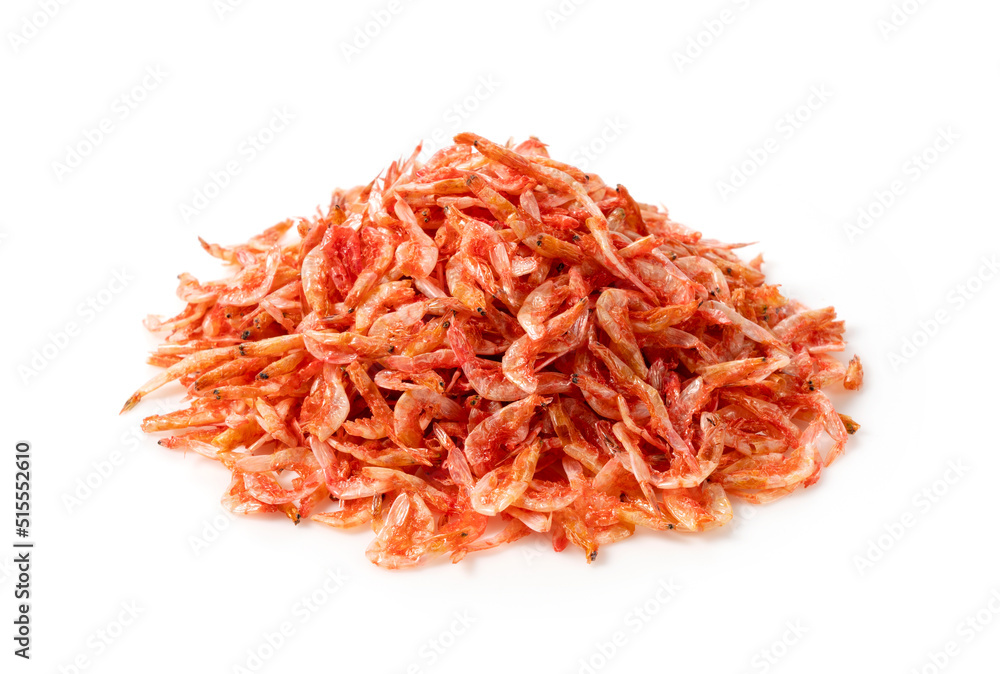 Dried sakura shrimps placed on a white background.