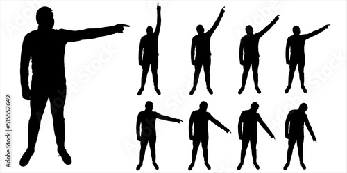 Man in full face. The guy stands flat and raises one hand high up, the same hand high down. The character is suitable for motion animation. A set of nine black male silhouettes isolated on a white 