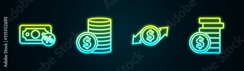 Set line Money percent, Coin money with dollar, Financial growth and and . Glowing neon icon. Vector