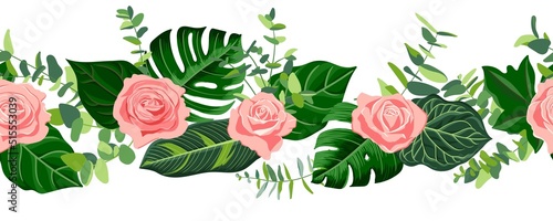 vector drawing tropical garland with green leaves and pink roses flowers, floral composition, exotic seamles pattern at white background , jungle border hand drawn illustration