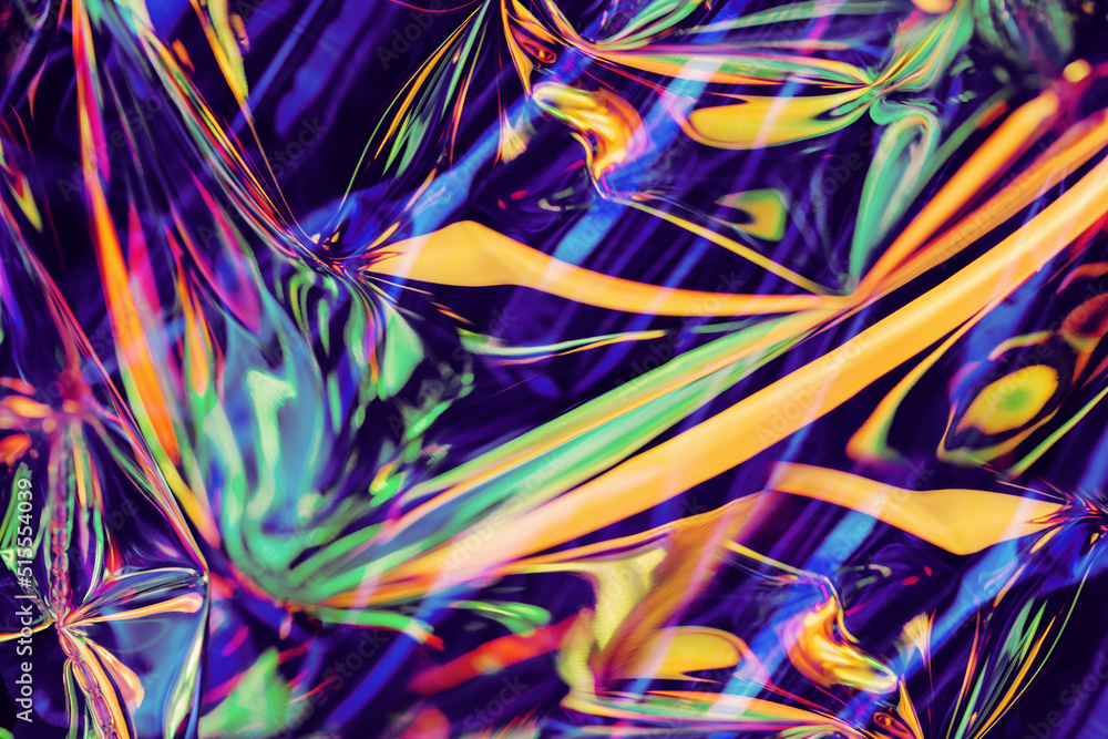 Naklejka premium Abstract iridescent holographic blue violet orange neon techno lights background with lens flare soft focus. Trending colors festive background for greeting card or blog