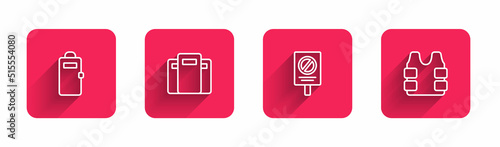 Set line Police assault shield, , Protest and Bulletproof vest with long shadow. Red square button. Vector