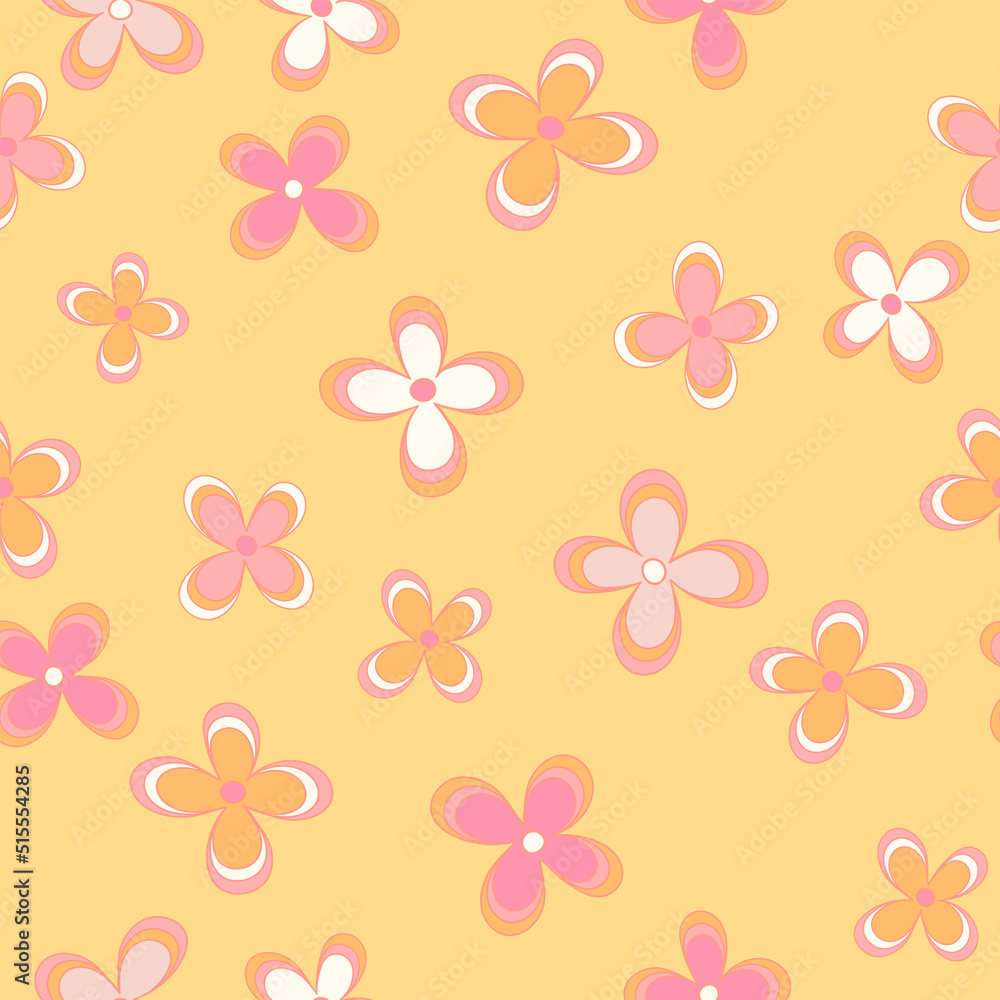 Vector nostalgic retro 60s groovy print. Vintage floral background. Pastel candy hippie seamless pattern. Textile and surface design with old fashioned hand drawn naive geometric flowers