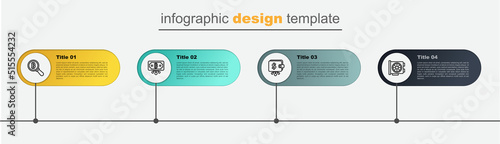 Set line Video graphic card, Cryptocurrency wallet, Bitcoin with circuit and Magnifying glass. Business infographic template. Vector