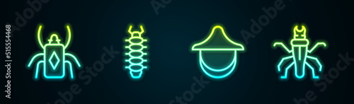 Set line Beetle bug, Centipede, Beekeeper hat and Termite. Glowing neon icon. Vector