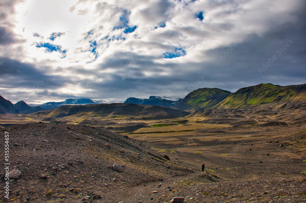 Hiker in Porsmork valley,, Laugevagur Track Iceland