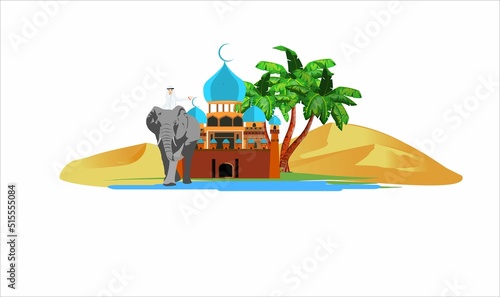 Moscue elephant and palm tree in the  oasis of desert  vector