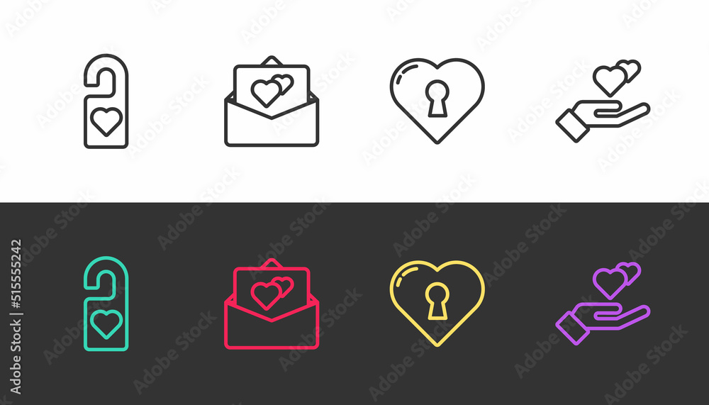 Set line Please do not disturb, Greeting card, Heart with keyhole and hand on black and white. Vector Set line Please do not disturb, Greeting card, Heart with keyhole and hand on black and white. Vector