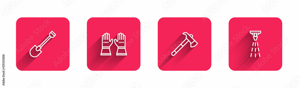 Set line Fire shovel, Firefighter gloves, axe and sprinkler with long shadow. Red square button. Vector Set line Fire shovel, Firefighter gloves, axe and sprinkler with long shadow. Red square button. Vector