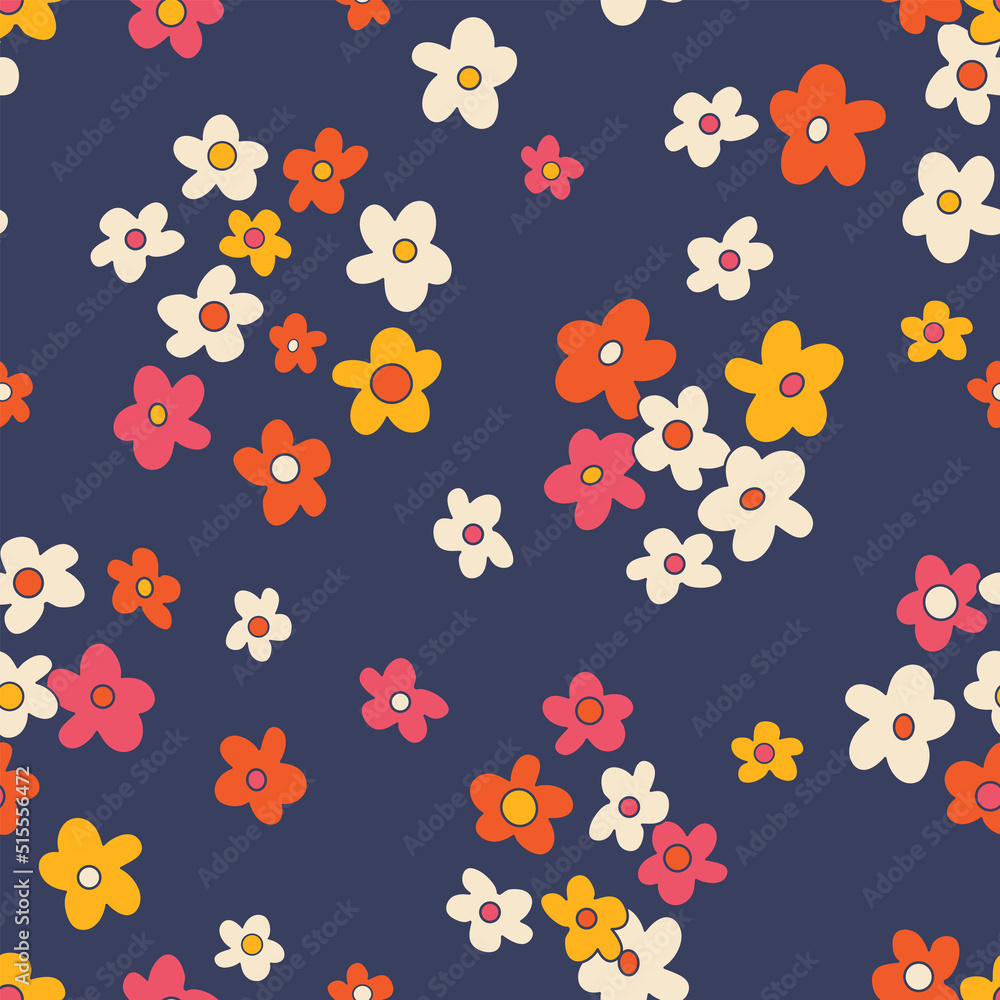 Small scaled hippie seamless vector pattern. Nostalgic retro 60s-70s groovy print. Vintage floral background. Textile and surface design with old fashioned hand drawn naive geometric flowers Small scaled hippie seamless vector pattern. Nostalgic retro 60s-70s groovy print. Vintage floral background. Textile and surface design with old fashioned hand drawn naive geometric flowers