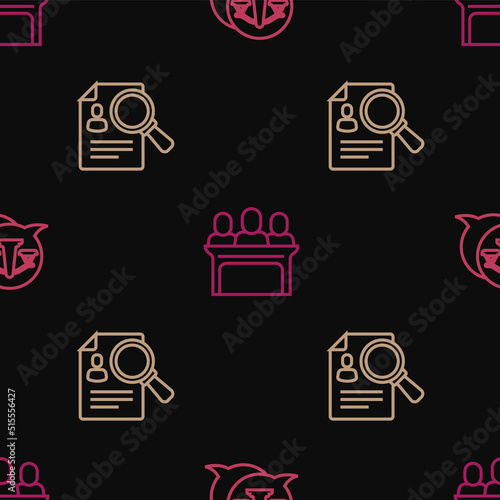 Set line Scales of justice, Paper analysis magnifying and Jurors on seamless pattern. Vector
