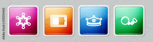 Set line Hexagram sheriff, Safe, Police cap with cockade and Ball on chain. Colorful square button. Vector