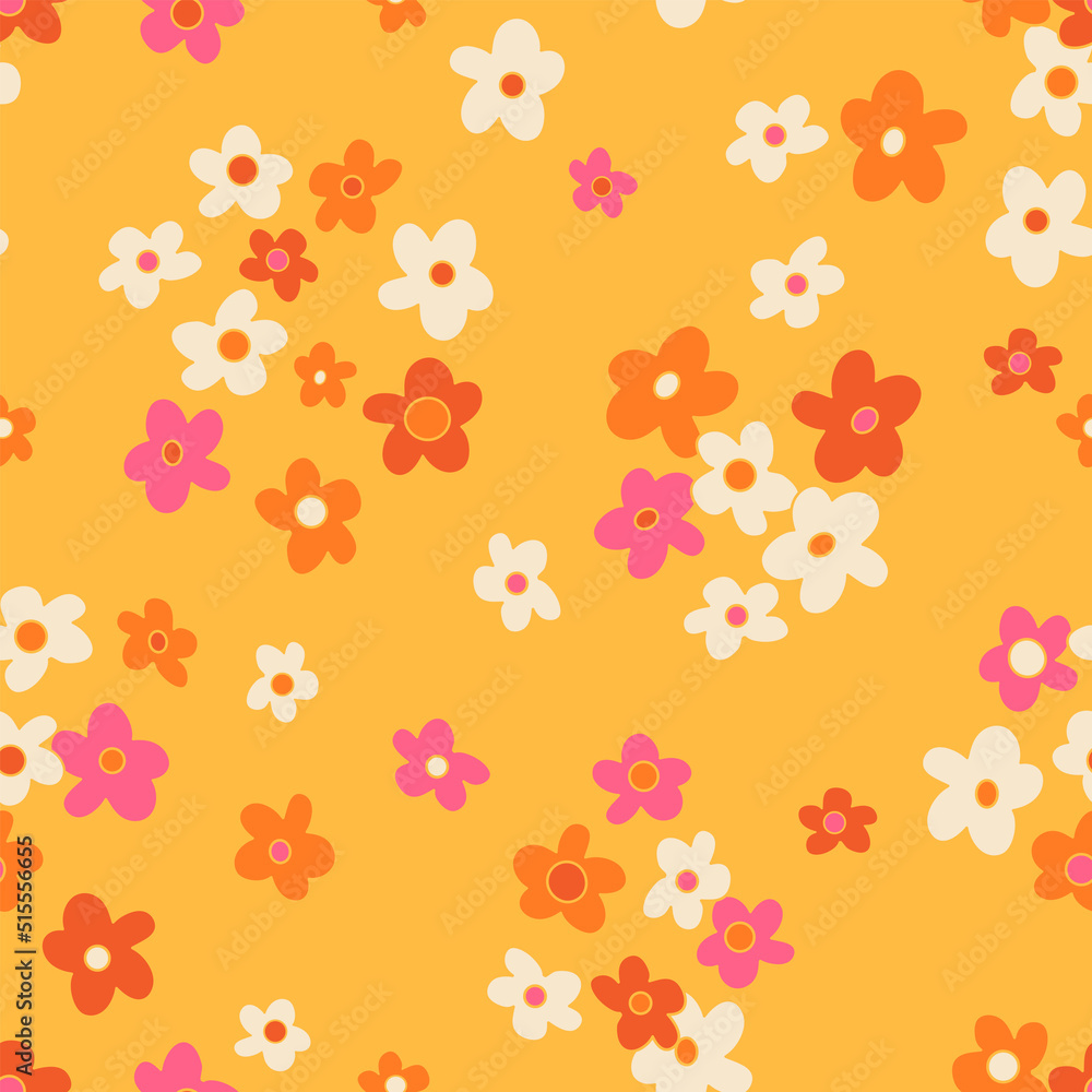 Small scaled hippie seamless vector pattern. Nostalgic retro 60s-70s groovy print. Vintage floral background. Textile and surface design with old fashioned hand drawn naive geometric flowers Small scaled hippie seamless vector pattern. Nostalgic retro 60s-70s groovy print. Vintage floral background. Textile and surface design with old fashioned hand drawn naive geometric flowers