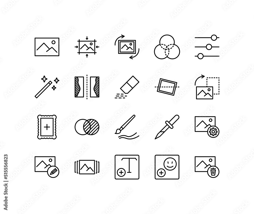 Photo editor flat line icons set. Image, video editing. Simple flat vector illustration for store, web site or mobile app Photo editor flat line icons set. Image, video editing. Simple flat vector illustration for store, web site or mobile app