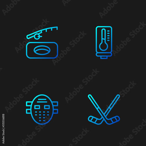 Set line Ice hockey sticks, Hockey mask, Winter fishing and Meteorology thermometer. Gradient color icons. Vector