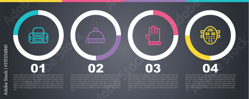 Set line Sport bag, Winter hat, Christmas mitten and Hockey mask. Business infographic template. Vector
