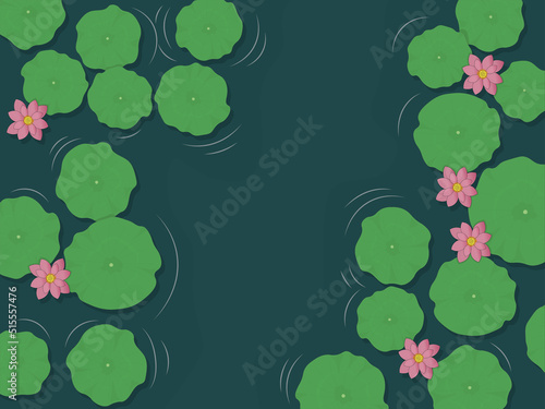 Lotus pond with leaves and pink flowers view from top vector illustration