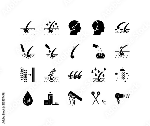 Hair loss flat line icons set. Hair care and treatment, growth, shampoo. Simple flat vector illustration for web site or mobile app