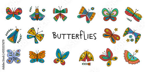 Ornate colorful butterflies, icons set for your design