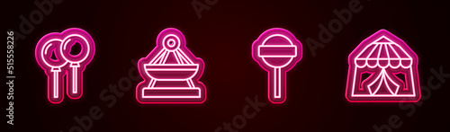 Set line Balloons with ribbon, Boat swing, Lollipop and Circus tent. Glowing neon icon. Vector