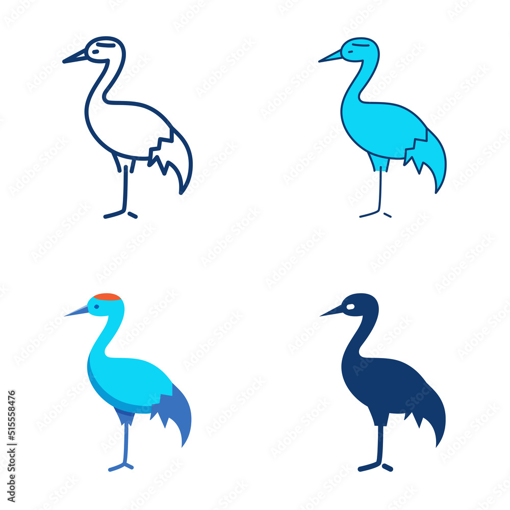 Red crowned crane icon set in flat and line style