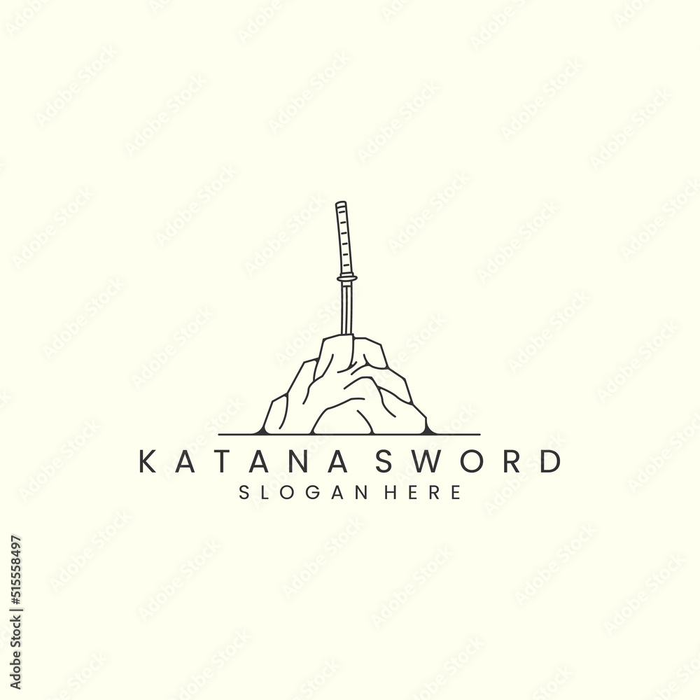 katana sword and stone with line art style logo vector illustration. japanese, weapon,template icon design