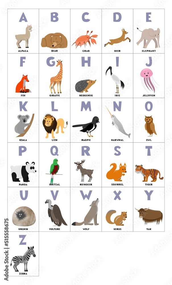 Alphabet cards for kids. Educational preschool learning ABC with cartoon animal and letter vector illustration set. Flashcards with cute characters and english words placed in alphabetical order.