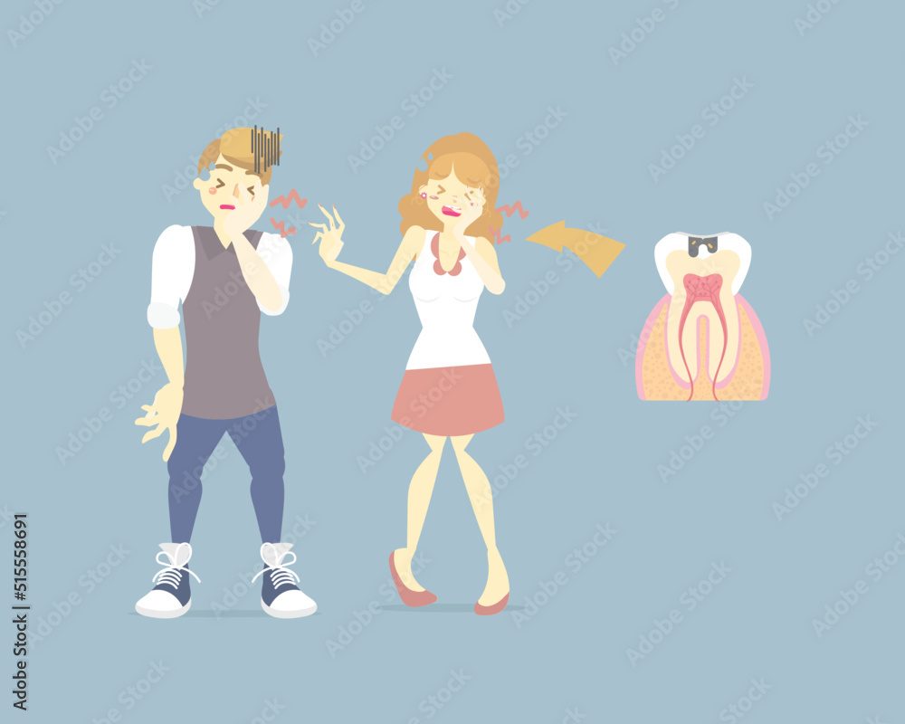 man and woman having tooth decay, cavity, caries, toothache, dental care concept, medical, internal organs, nervous system, anatomy, tooth health care, flat vector illustration character design