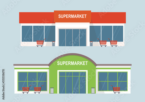Fototapeta Naklejka Na Ścianę i Meble -  Two different supermarket buildings. Isolated on gray background. Flat style, vector illustration.
