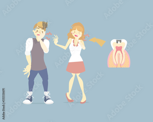 man and woman having tooth decay, cavity, caries, toothache, dental care concept, medical, internal organs, nervous system, anatomy, tooth health care, flat vector illustration character design © buzstop