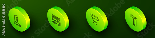 Set Isometric line Fire boots, truck, Smoke alarm system and extinguisher icon. Vector