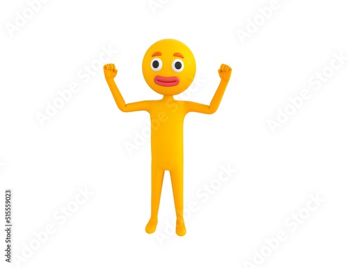 Yellow Man character raising two fists in 3d rendering.