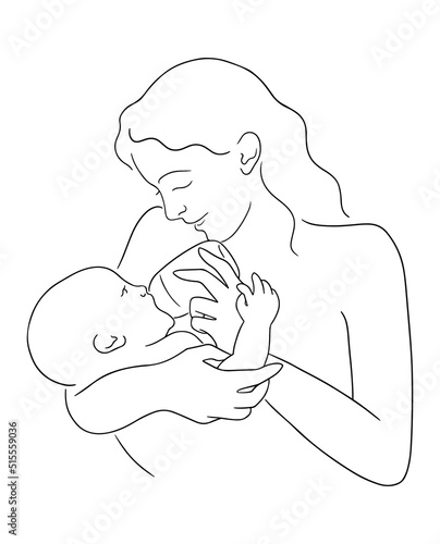 Outline vector illustration of mother feeds newborn baby. Mom feeding infant. Happy motherhood concept