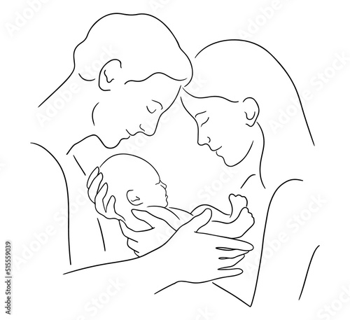 Vector illustration of parents holds newborn baby. Sketch of mom and dad holding sleeping infant