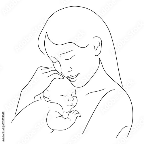 Vector illustration of mother holding newborn baby. Hand drawn sketch of mom holds sleeping infant. Happy motherhood concept